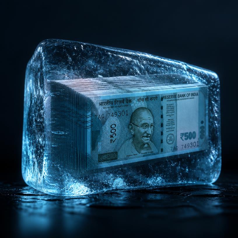 Rupee notes frozen inside a block of ice