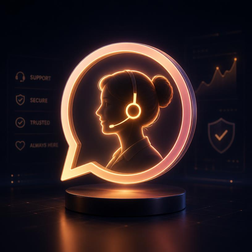 Warm chat bubble with a human support agent