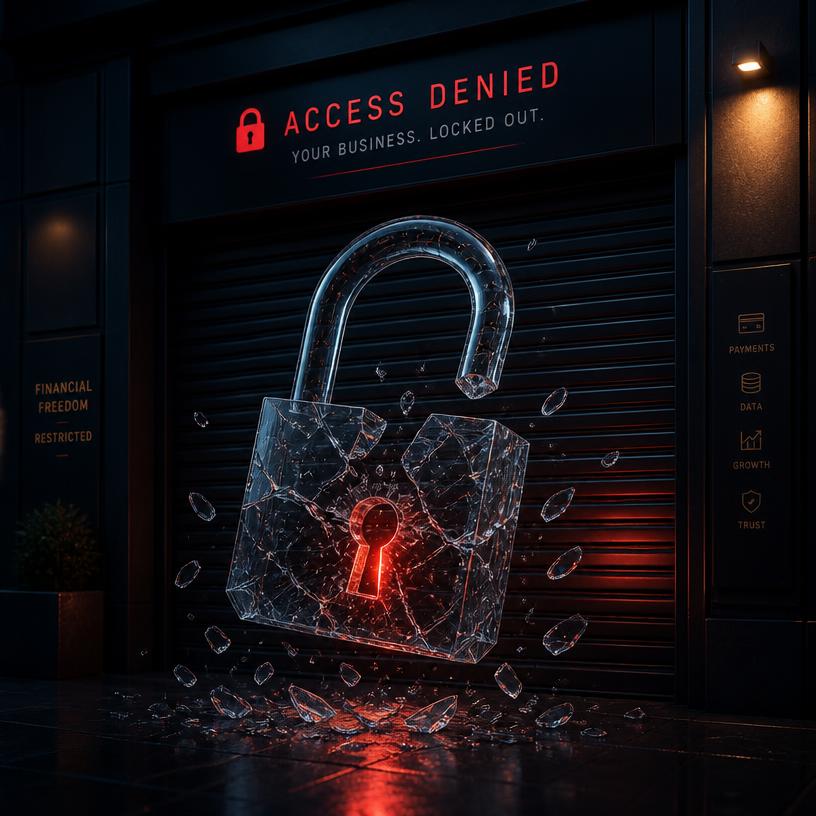 Shattered glass padlock over a storefront